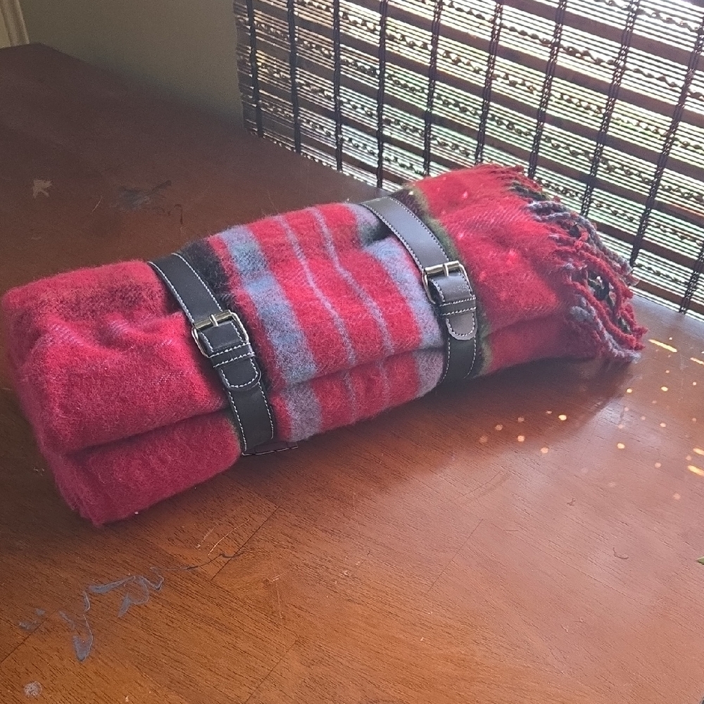 Red Plaid Blanket with Pleather Straps